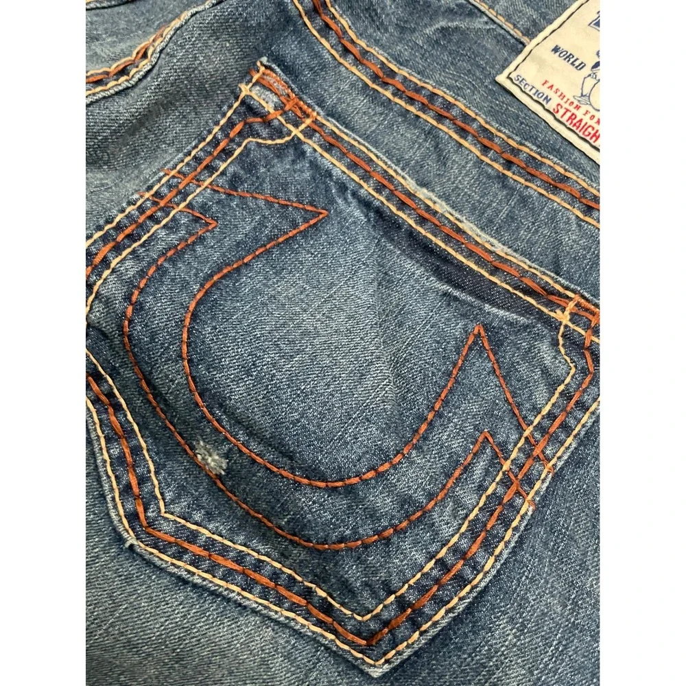 True Religion Straight Jeans Mens 34x34 Blue Thick Contrast Stitch Made in USA